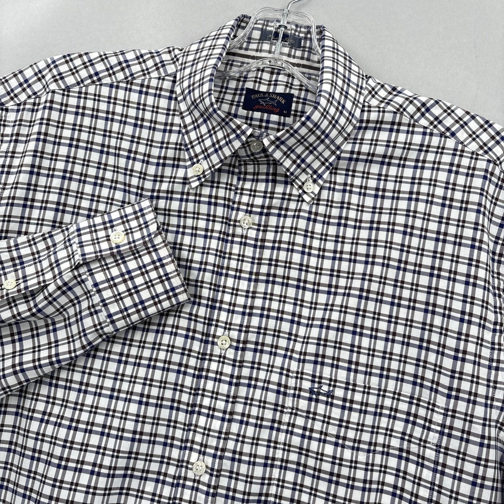 Paul & Shark‎ Shirt Mens 42 Large White Blue Plaid Button Down Italy Yachting